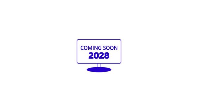 A blue of a computer monitor with a stand the text COMINGSON and the year 2028 in bold blue font on a clean white background. Keywords: computer, monitor, screen, display, technology