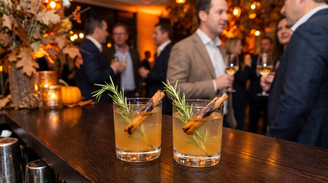Cocktails with cinnamon and rosemary on bar at social event setting  
