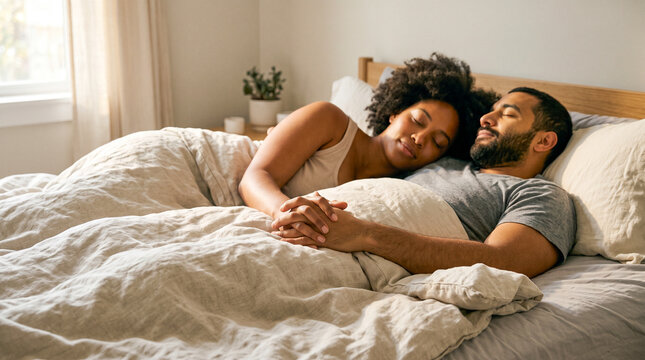 Pareja relajada en la cama con los dedos entrelazados, transmitiendo serenidad, sexualidad consciente y profunda conexi&oacute;n sensorial.