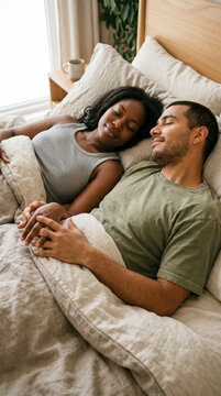 Pareja relajada en la cama con los dedos entrelazados, transmitiendo serenidad, sexualidad consciente y profunda conexi&oacute;n sensorial.