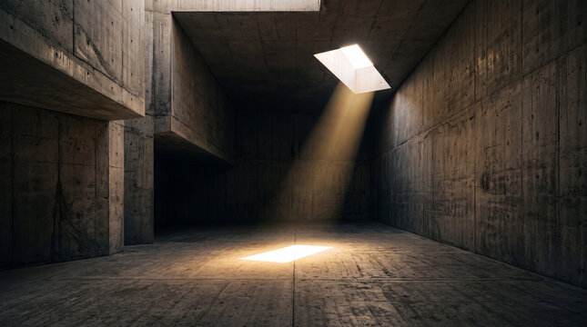 Brutalist Concrete Interior Bathed in Sunlight Ray Representing Mental Clarity and Epiphany