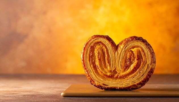 Delicious Golden Heart Shaped Palmier Elephant Ear Puff Pastry Cookie on a Rustic Background