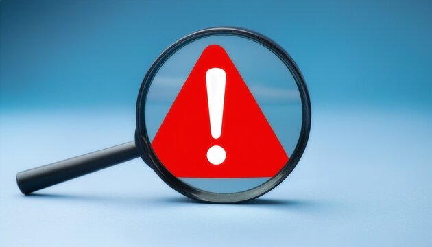A magnifying glass focuses on a bright red warning sign with a white exclamation mark against a minimal blue background. Perfect for concepts of risk analysis, error detection, or security alerts.