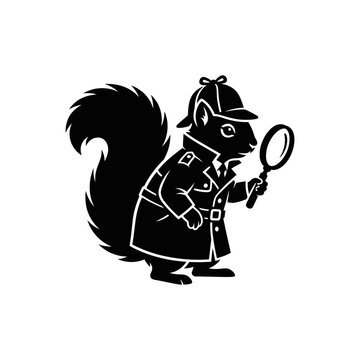A black silhouette of a squirrel dressed as a detective holding a magnifying glass