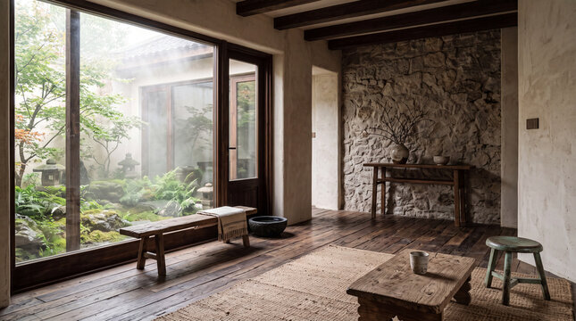 Peaceful Wabi-Sabi Minimalist Interior Design Representing Mindfulness and Serenity