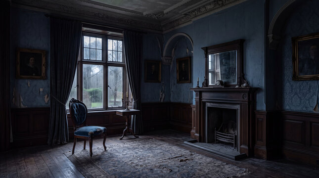 Melancholy Empty Classic Victorian Room with Rain Window Representing Depression and Sadness