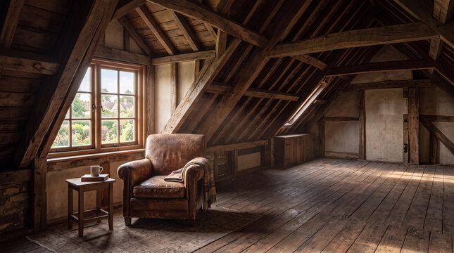 Nostalgic Time-Worn Empty Attic Interior Representing Memory and Yesterday