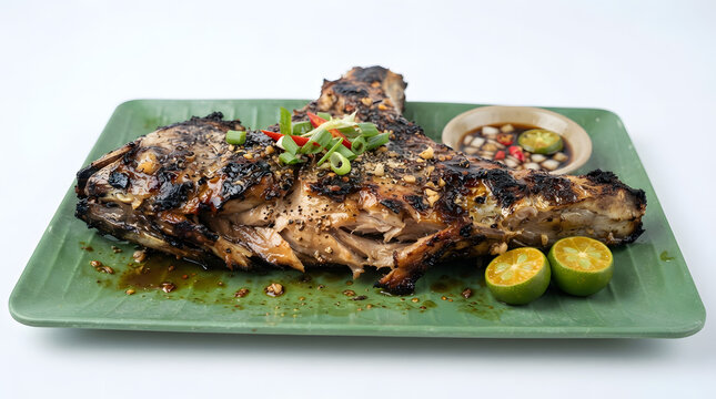 Inihaw na panga ng tuna (grilled tuna jaw) with condiment from Philippines on a long green platter. Barbecue, grilled seafood, fish based food and banner ideas