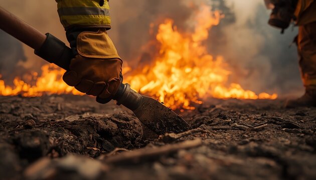 Firefighter Digging Fire Line to Contain Wildfire in Forest