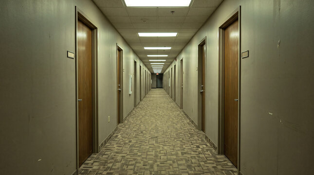 Stagnant Dull Empty Corporate Corridor with Identical Doors Representing Routine and Trapped State