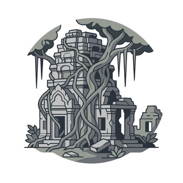 Ancient temple ruins overgrown with tree roots sticker icon.