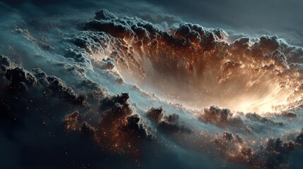Fototapeta premium A celestial scene depicts swirling clouds, a central fiery vortex, and shimmering particles