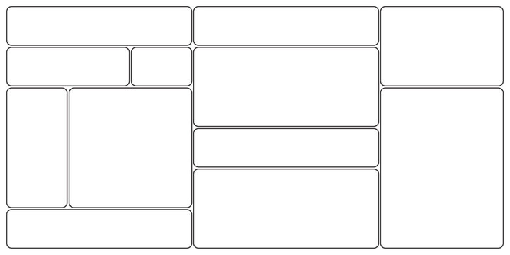 Bento box grid layout wireframe. Abstract geometric empty collage frame, UI dashboard outline or mood board template vector background.