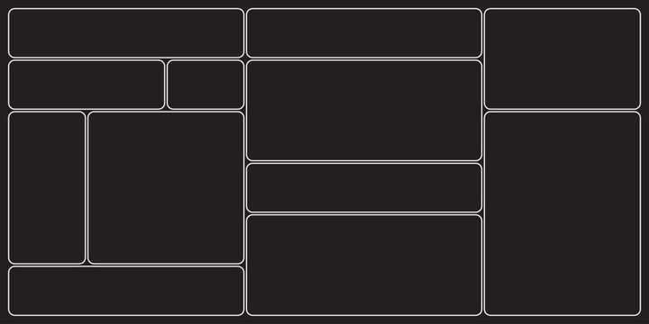 Minimal Black and Grey Bento Grid Layout Vector Set with Transparent Background, Modular Abstract Collage Design Templates, Editable UI Wireframe Bento Boxes for Modern Web Layouts and Social Media