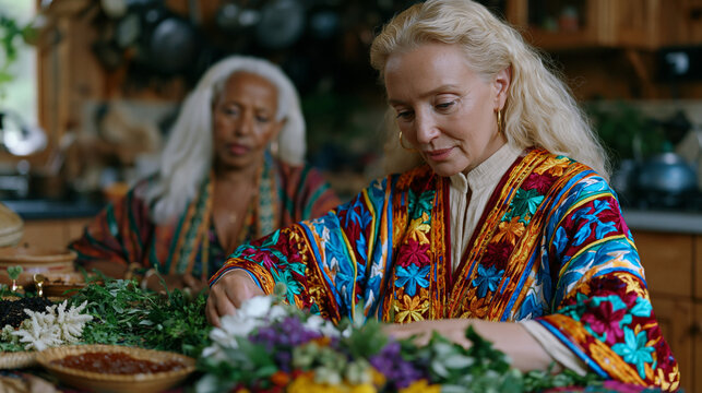 An Eritrean woman arranges a September table setting blending traditional coffee ceremony items with a Rosh Hashanah honey dish gifted by a Jewish neighbor, the two women seated across from each oth