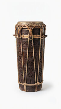 Traditional Maluku Tifa percussion drum isolated on white background, authentic Maluku Islands wood and leather hand drum.