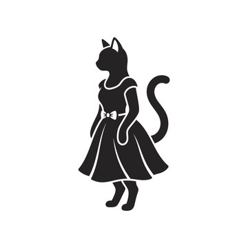A stylized black silhouette of a cat wearing a dress