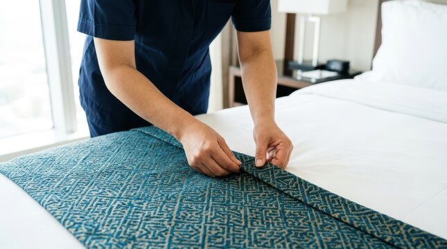 Housekeeper carefully aligning and adjusting a decorative fabric bed runner on a white hotel duvet.