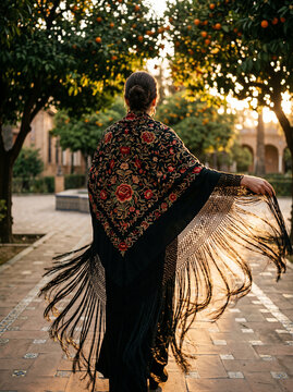 Woman with Manila shawl walking through Seville park at sunset.