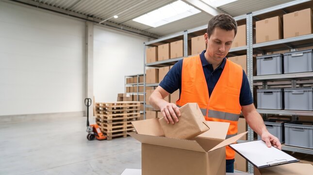 Warehouse Employee Packing Customer Orders in Modern Distribution Center