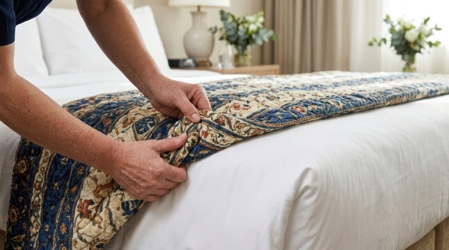 Housekeeper adjusting an ornate patterned fabric bed runner across a freshly made hotel bed.