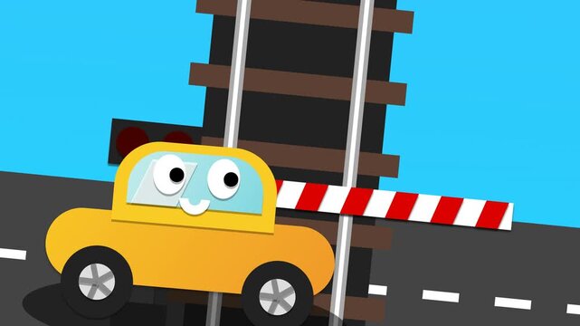 2D animation of a yellow cartoon car getting hit by a steam train at a railroad crossing barrier and being dragged along the tracks until nightfall