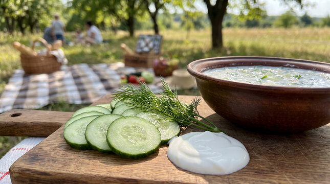 Fresh cucumber slices and sour cream on wooden board at picnic  