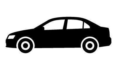 Fototapeta premium Minimalist silhouette of a compact sedan car from a side profile view isolated on a white background. Automotive transportation concept