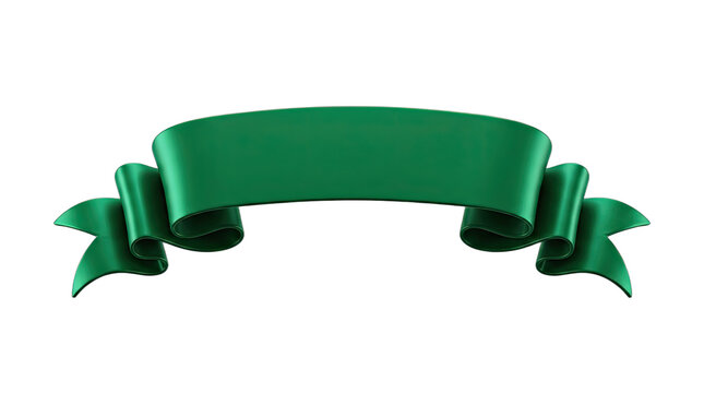 Green ribbon banner 3D render, elegant scroll for text isolated on black background.