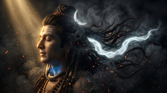 Side Profile of Lord Shiva in Deep Meditation Beneath Celestial Light with Crescent Moon and Flowing Hair