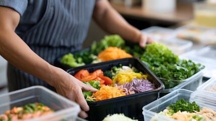 Obraz premium A person assembling colorful salad ingredients into black containers for meal prep or takeout service