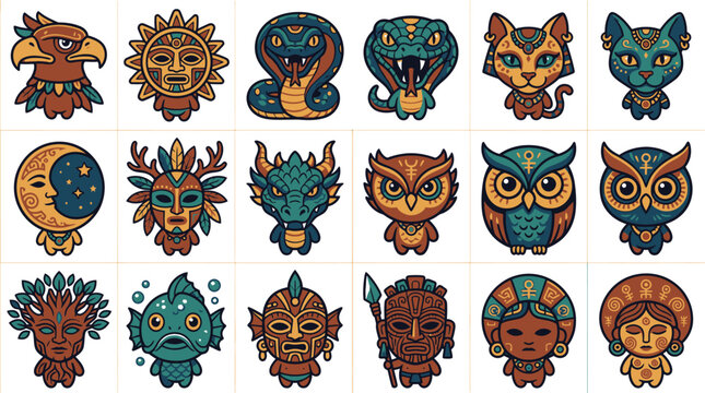 Animal-inspired ethnic tribal mask icons.