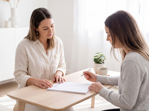 Wellness consultant reviewing intake forms with a client at a low table in soft light across a quiet consultation
