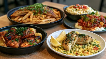 Fototapeta premium Four plated meals including chicken fish fries and rice dishes garnished with herbs on a wooden table