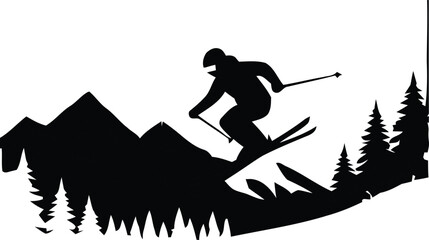 Fototapeta premium Skier Silhouette Against Mountain Landscape Black And White Vector