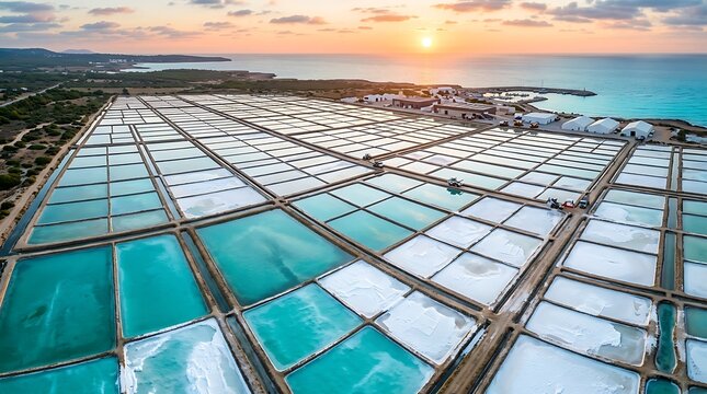 Aerial view of salt evaporation ponds with white salt crystals and blue water at sunset, evaporation