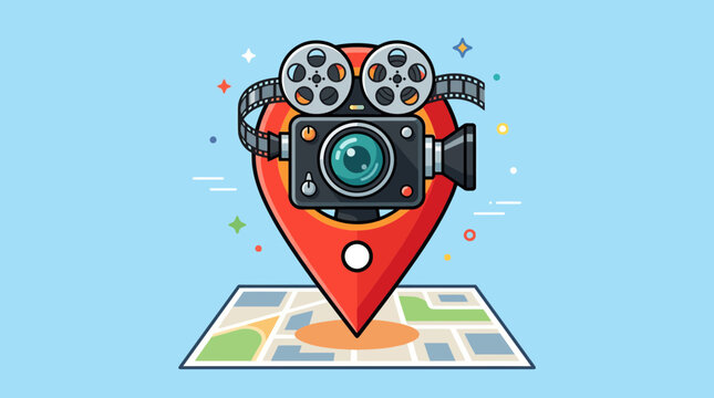 Filmmaking Location Pin Icon: Camera, Film Reel, Map Marker, Cinematography Concept