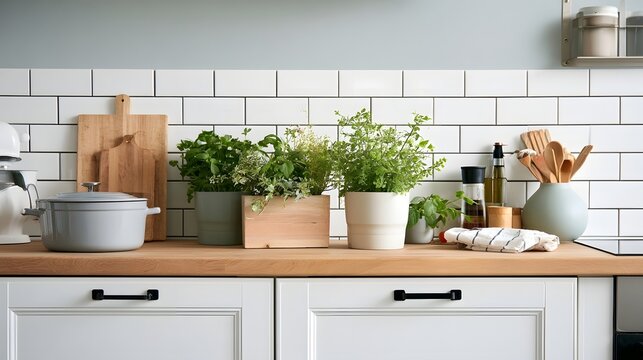 A clean modern kitchen counter featuring wooden cutting boards  potted herbs  and cooking utensils against white subway tile