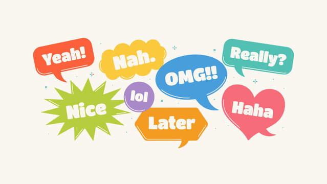 Assorted speech bubbles with playful text in a flat vector illustration on a pale background chat communication dialog