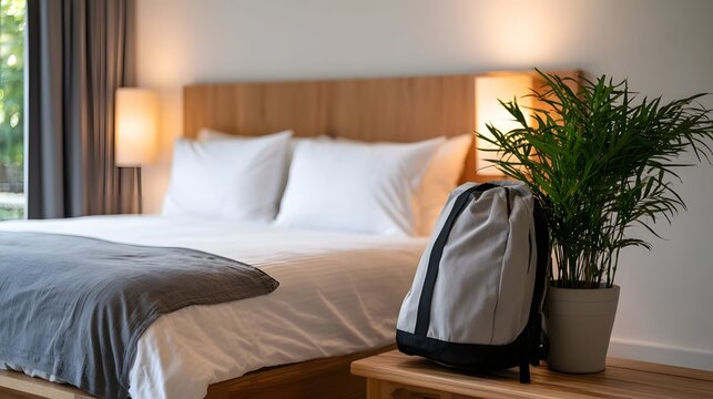 A cozy bedroom scene featuring a neatly made bed  a backpack  and a potted plant on a wooden nightstand
