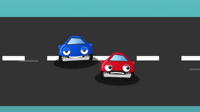 2D animation of a funny car crash where a red and a blue cartoon car collide with a yellow truck on a highway