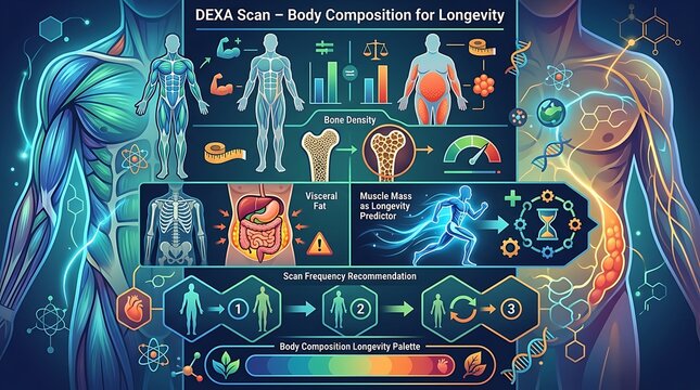 Comprehensive medical infographic of body composition and longevity