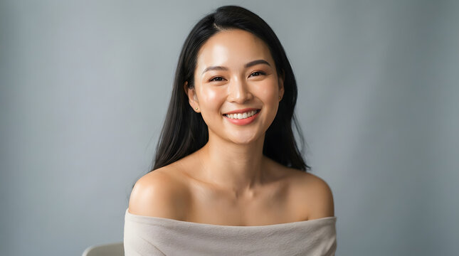 Portrait of a beautiful smiling young Asian woman with glowing skin posing in studio against gray background