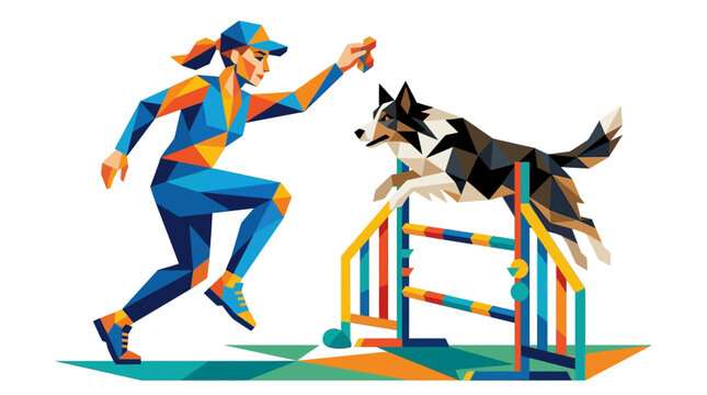 A stylized geometric illustration of a woman training her dog for an agility competition
