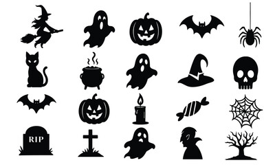 Fototapeta premium Halloween Silhouettes Set Spooky Witch Ghost Pumpkin Bat Spider Skull Gravestone Vector Graphic Collection Isolated on White Background