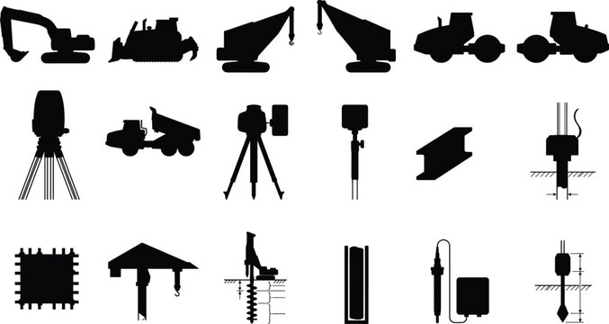 Construction and Engineering Equipment Silhouette Icon Set with Excavator Crane Bulldozer and Survey Tools