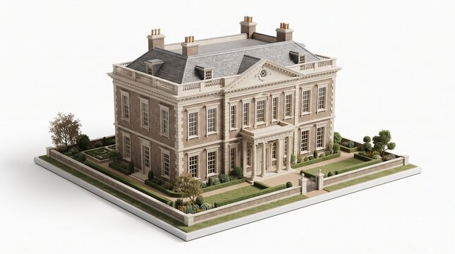 3D Isometric Rendering of a Classic Luxury Georgian Mansion Estate with Garden Isolated on White Background