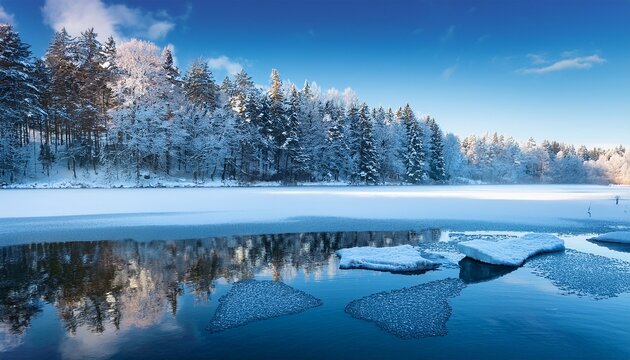 Winter Frozen Lake Ice Chunks Float On Serene Water With Snowflakes And Frosty Trees Reflected