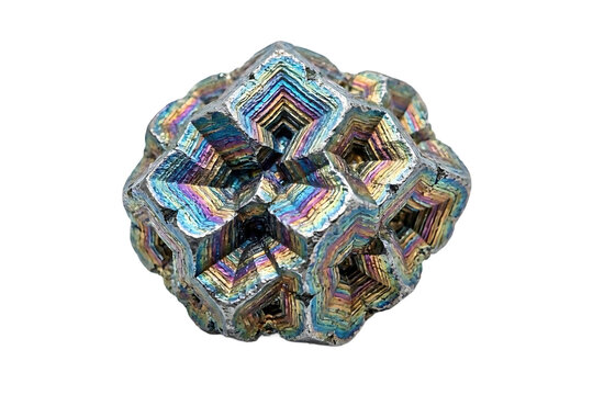 A single iridescent pyrite crystal specimen with a cubic, stepped, and geometric structure, displaying rainbow colors on a white background