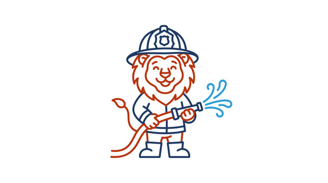 A friendly cartoon lion dressed as a firefighter holding a water hose